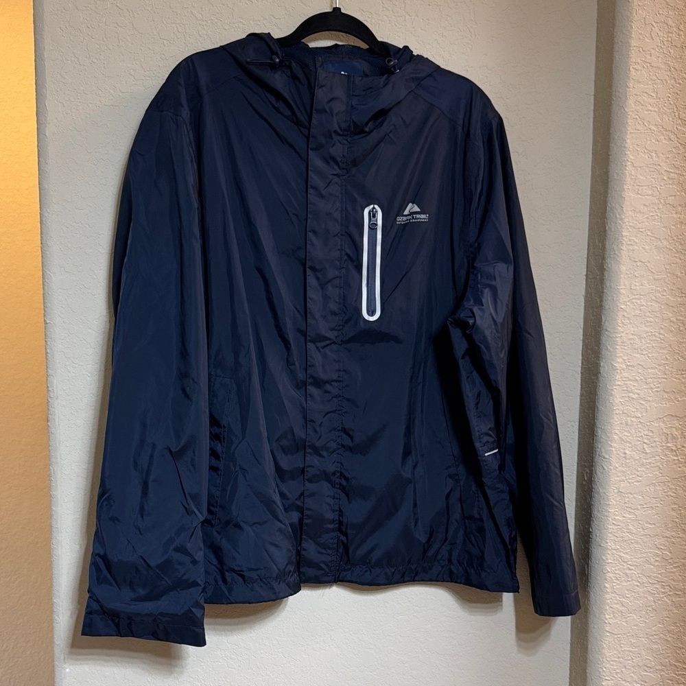 Ozark Trail Navy Hooded Windbreaker Jacket Sz M/L with Reflective features